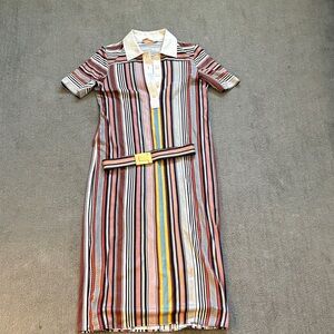 Tory Burch Multistripe Polo Dress with Belt - White, Pink, Yellow, Blue, Black